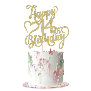 Arokippry Gold Glitter Happy 14Th Birthday Cake Topper - 14 Anniversarybirthday - Hello 14, Cheers To 14 Years,14  Fabulous Cake