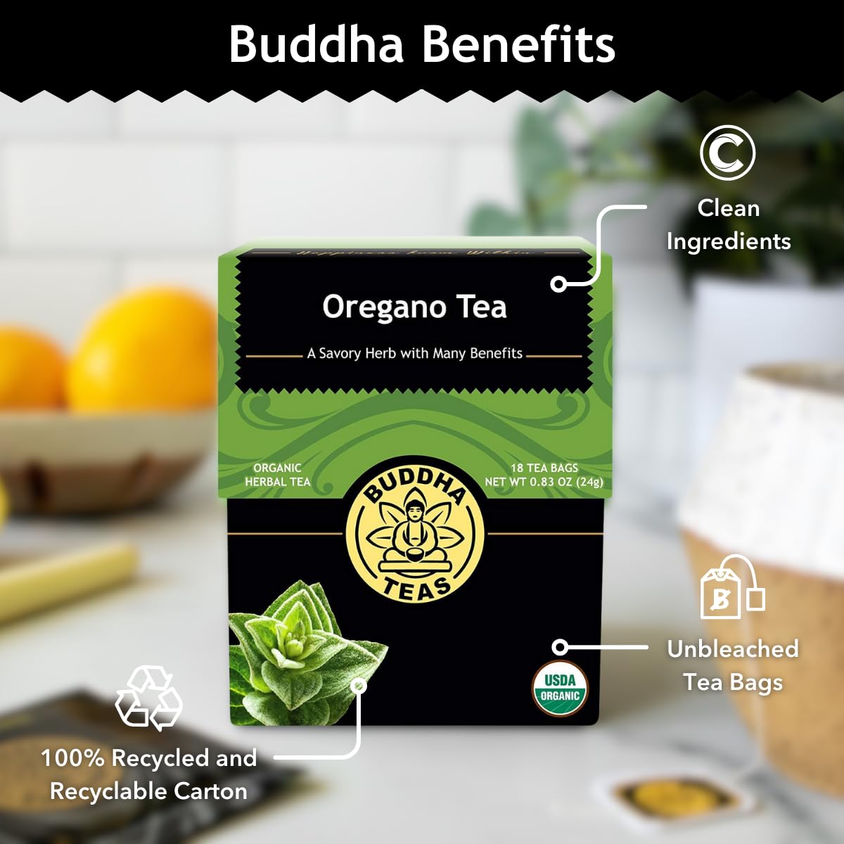 Buddha Teas Organic Oregano Tea - Herbal, Caffeine Free, Non-GMO - 18 Count