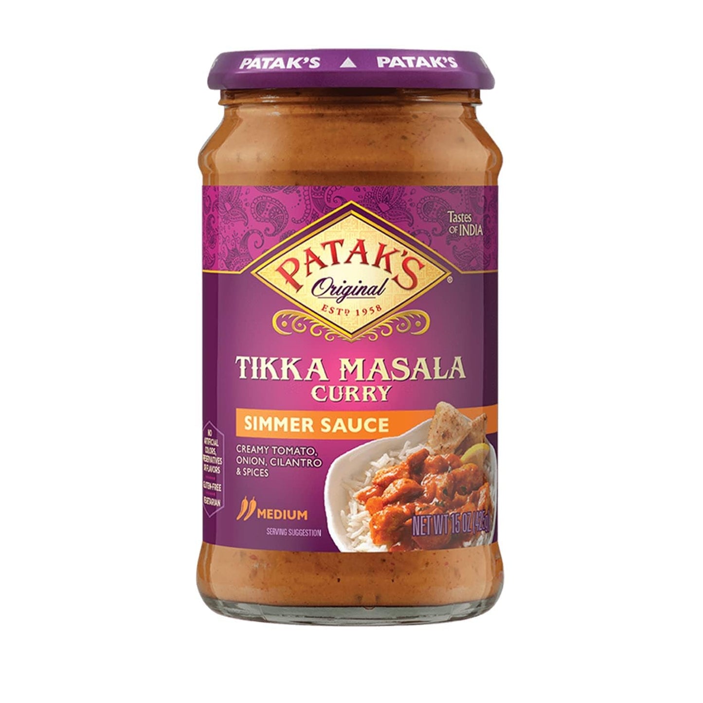 Patak'S Tikka Masala Simmer Sauce - 15 Oz (Pack Of 3) – With Creamy Tomato, Onion, Cilantro, And Spices, No Artificial Flavors, Gluten Free, Vegetarian Friendly