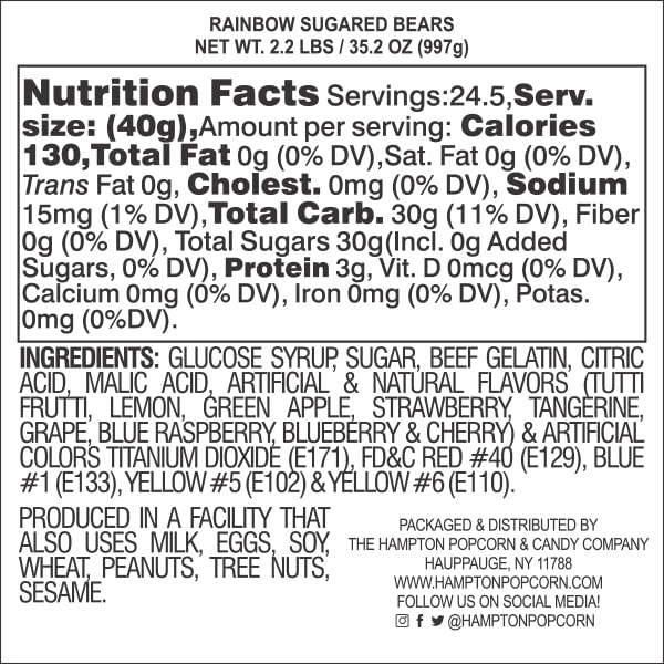 Rainbow Gummy Bears Sugared, 2.2 Pound Bag, Assorted Fruit Flavored Candy, The Hampton Popcorn & Candy Company