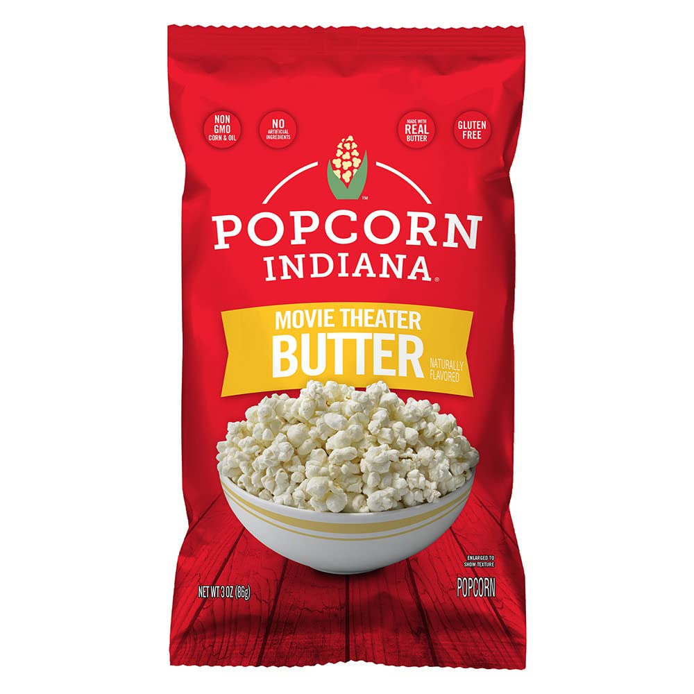 Popcorn Indiana Movie Theater Butter Popcorn (3 oz Bags - 6 Pack) Pre-Popped Popcorn Made with Real Butter, Gluten Free, No Arti