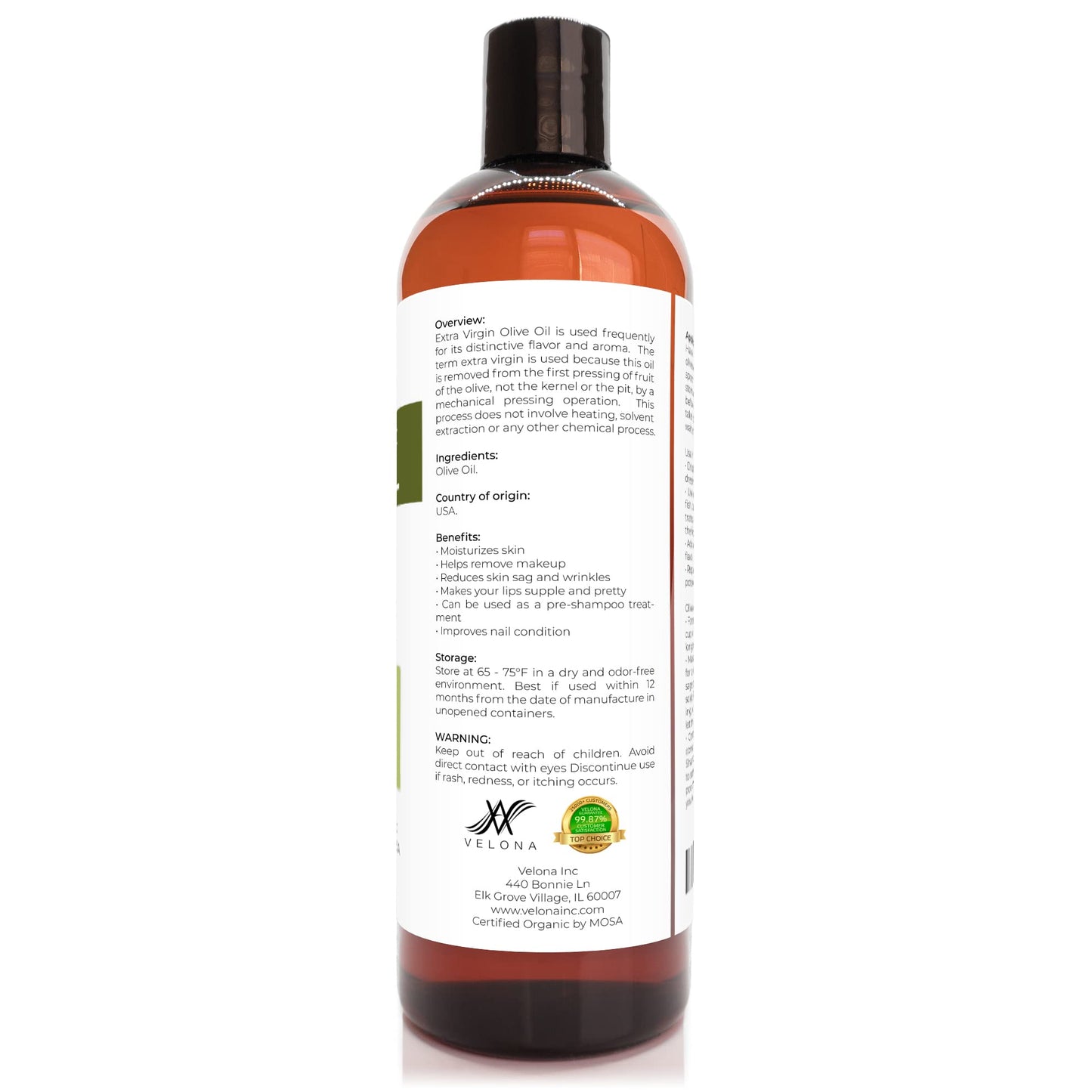 Velona Usda Certified Organic Olive Oil - 16 Fl Oz | 100% Pure And Natural Carrier Oil | Extra Virgin, Unrefined, Cold Pressed