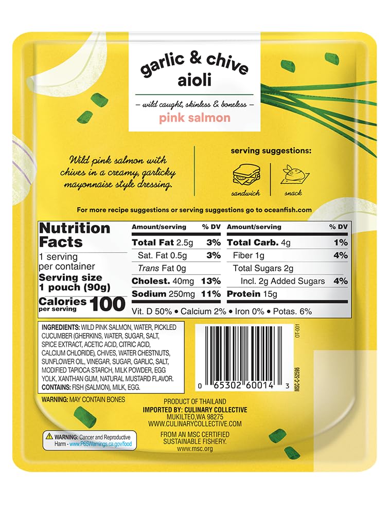 Oceans Garlic & Chive Aioli with Pink Salmon, 3.17 oz, Wild Caught, Skinless & Boneless, Ready-to-Eat, 1 Pack