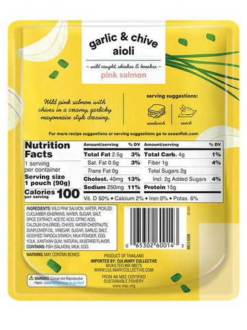 Oceans Garlic & Chive Aioli with Pink Salmon, 3.17 oz, Wild Caught, Skinless & Boneless, Ready-to-Eat, 1 Pack