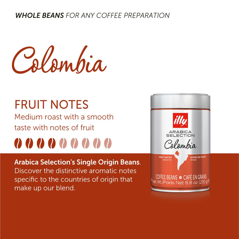Illy Whole Bean Coffee - Perfectly Roasted Whole Coffee Beans – Colombia Medium Roast – Smooth Taste, Notes Of Fruit – Fruit Notes - 100% Arabica Coffee - No Preservatives – 8.8 Ounce