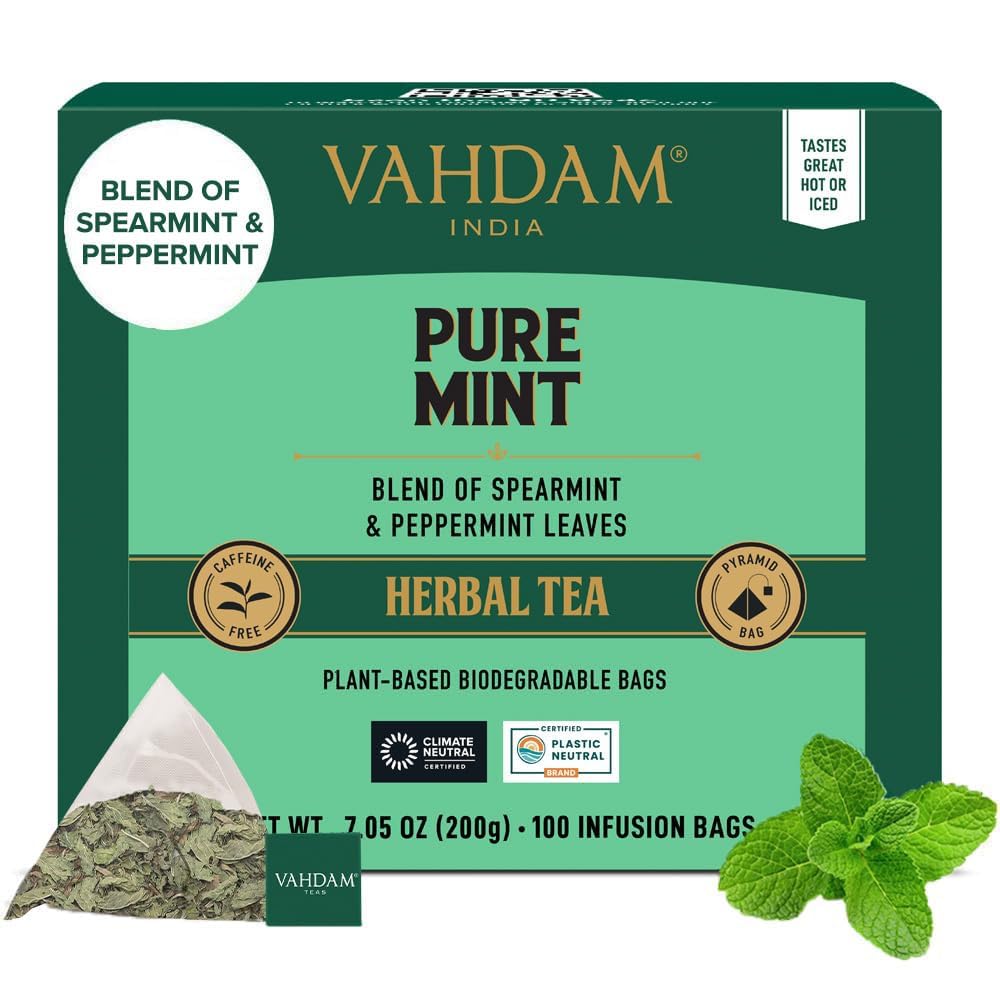 VAHDAM Organic Mint Herbal Tea, 100% Natural, Caffeine Free, 100 Tea Bags, Detox Tea, Peppermint + Spearmint, 0.44 lbs, Pack of