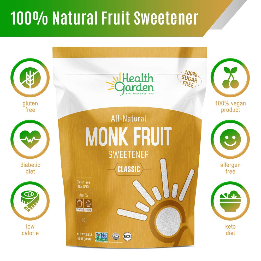 Health Garden Monk Fruit Sweetener, Classic - Non GMO - Gluten Free - Sugar Substitute - Kosher - Keto Friendly (2.5 Pounds (1 P