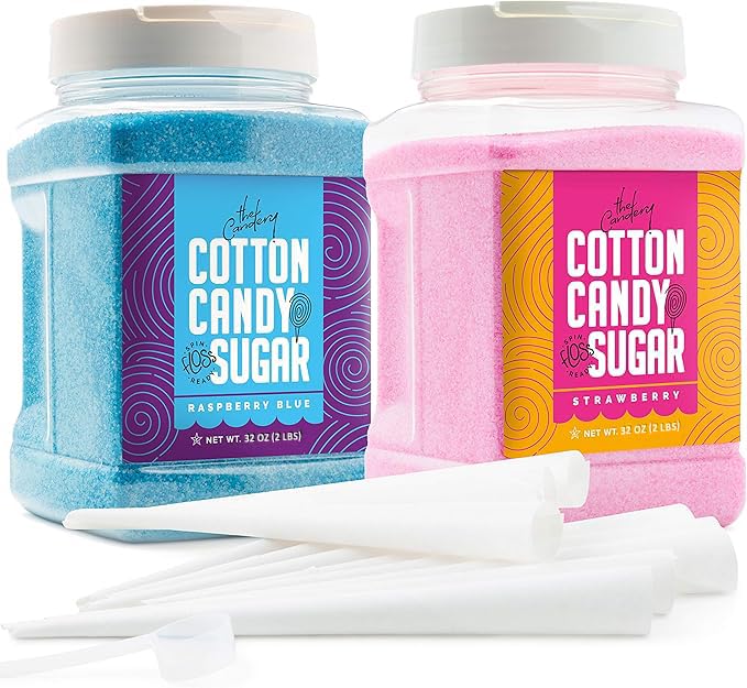 The Candery Cotton Candy Floss Sugar 32Oz (2-Pack) Includes 100 Premium Cones | Raspberry Blue And Strawberry | Plastic, Reusabl