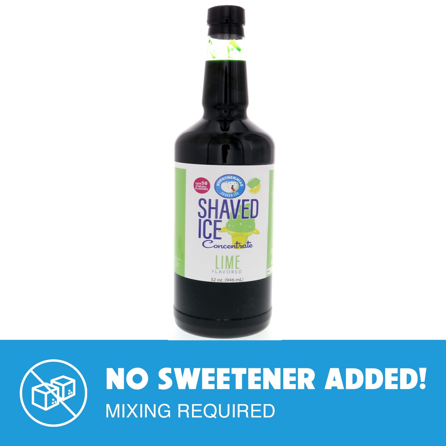 Hypothermias Shaved Ice Syrup Concentrate - Lime Flavor - 32 Fl Oz - Makes 8 Gallons - Unsweetened - Add Sweetener and Water