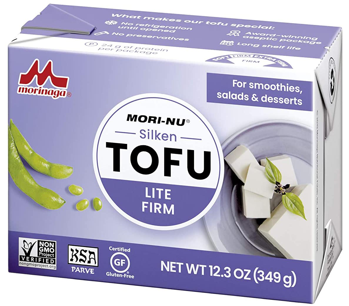 Mori-Nu Silken Tofu Lite Firm | Velvety Smooth And Creamy | Low Fat, Gluten-Free, Dairy-Free, Vegan, Made With Non-Gmo Soybeans, Ksa Kosher Parve | Shelf-Stable | Provides Protein | 12.3 Oz X 6 Packs