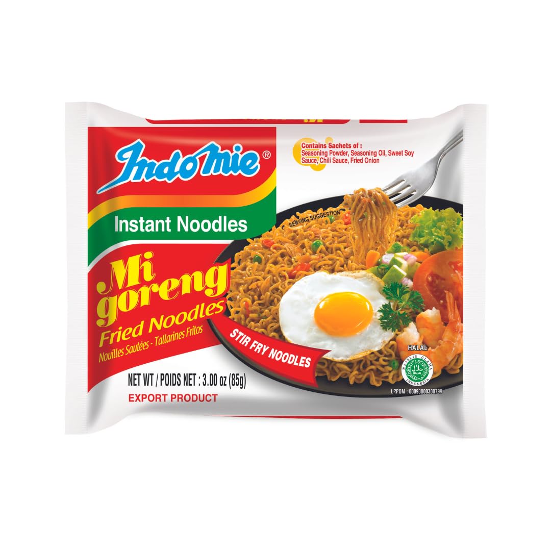 Indomie Mi Goreng Instant Noodles, Halal, 60 Pack – 30 Original + 30 Hot N Spicy Flavor, Stir Fry Style (Pack Of 60)