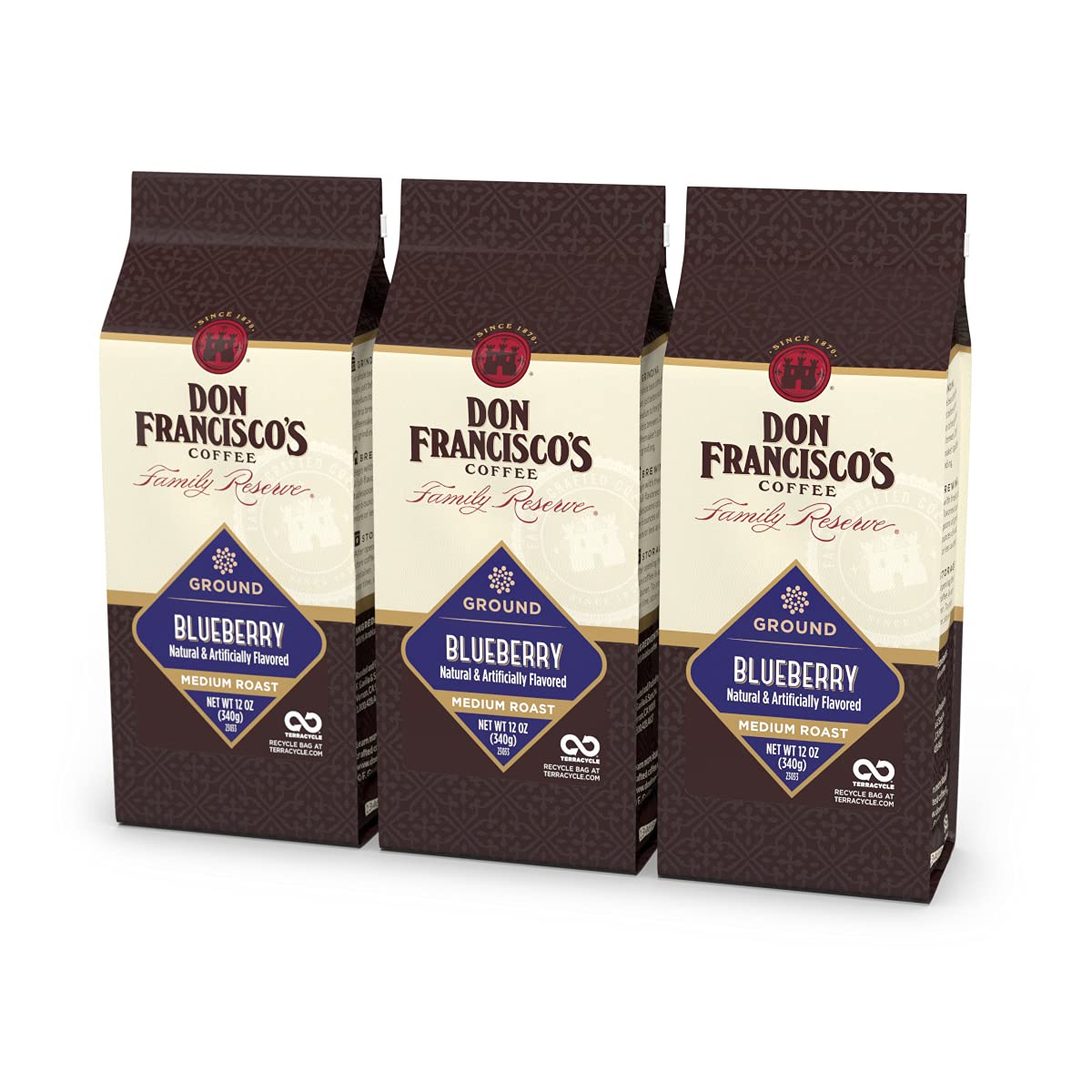 Don Franciscos Blueberry Flavored Ground Coffee, 100% Arabica Beans, 3-Pack of 12 oz Bags
