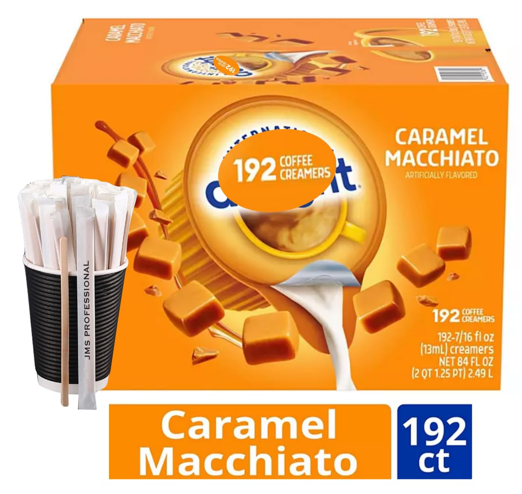 JMS PROFESSIONAL Coffee Creamer Single Caramel Macchiato 192 ct. with 20 Wooden Stirrer Sticks