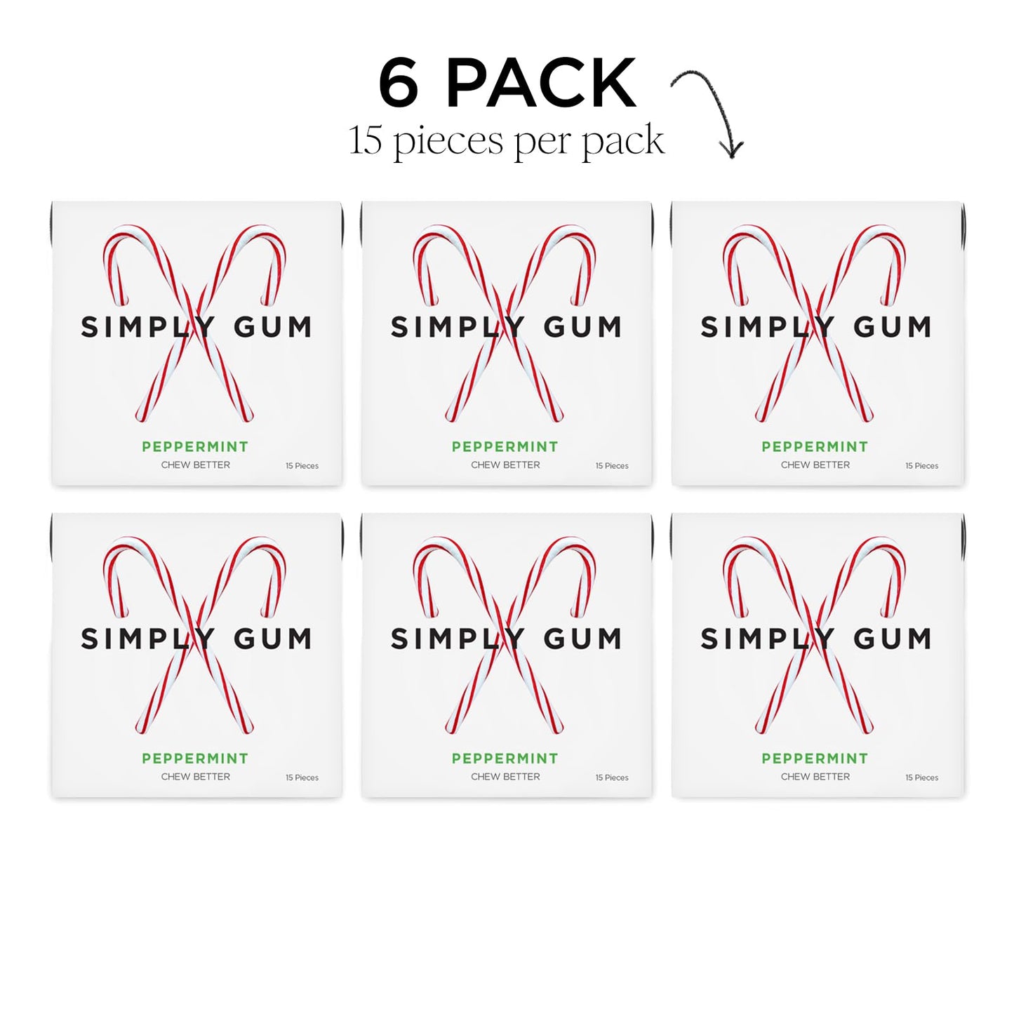 Simply Gum Peppermint Gum - Candy Cane Flavor, Pack of 6 (90 Pieces), Synthetic Free, Aspartame Free, Non-GMO