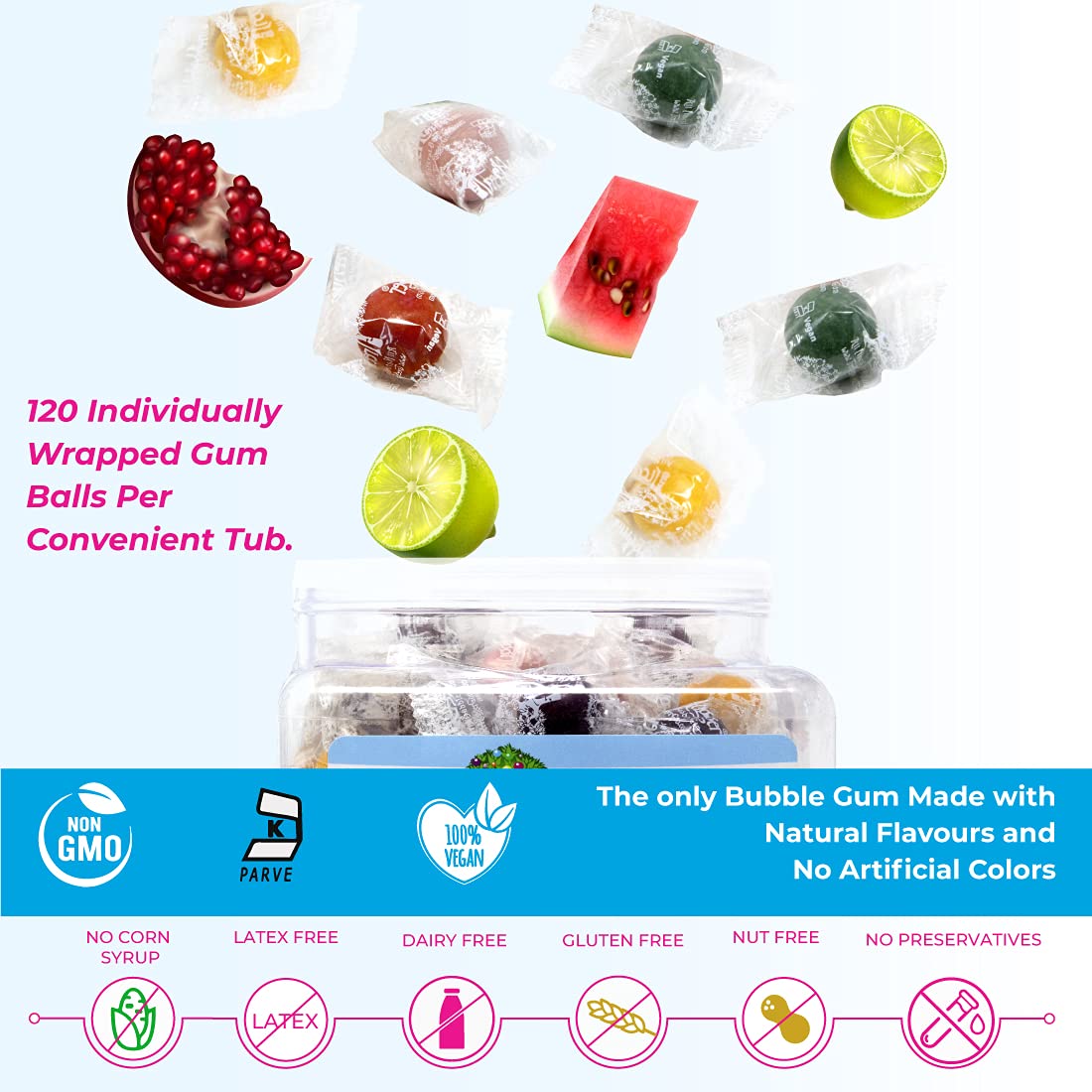 Tree Hugger Bubble Gum, Fantastic Fruit, Natural Flavors, No Artificial Colors, 120 Count Tub