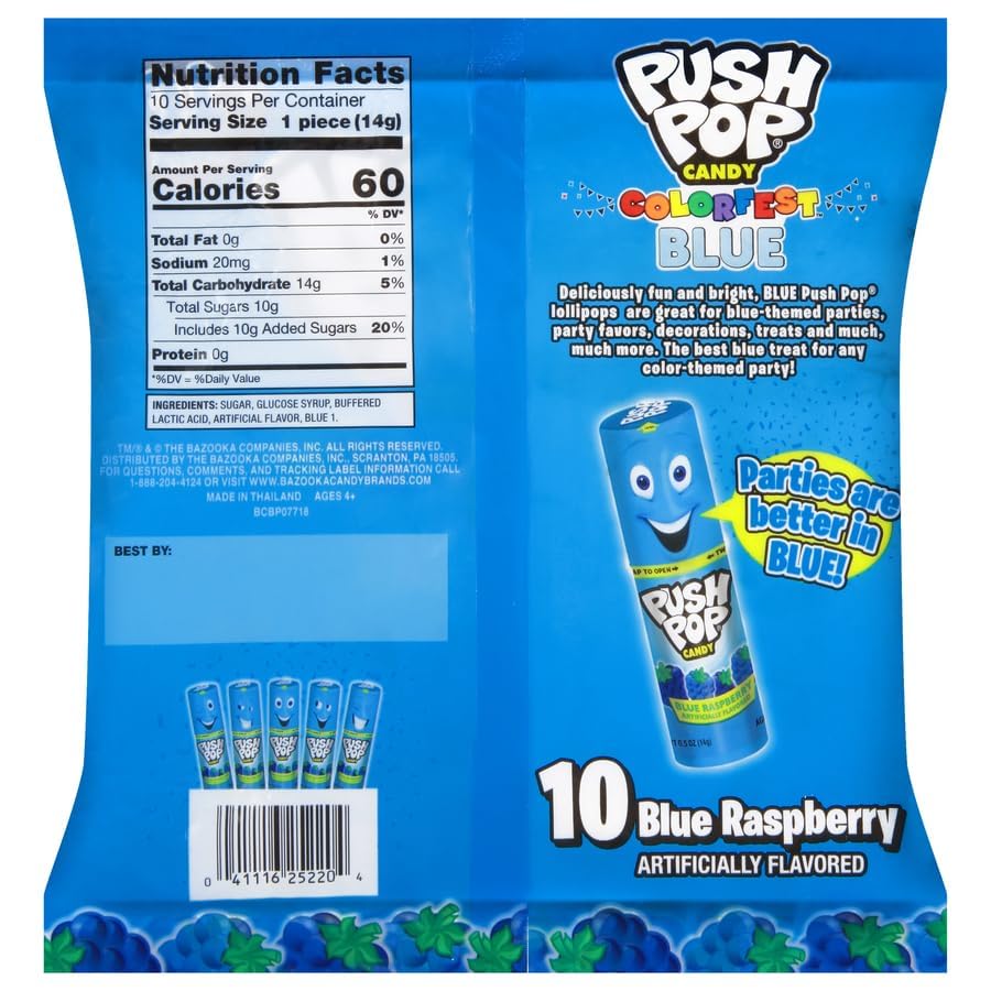 Push Pop Halloween Candy - Individually Wrapped Bulk Blue Lollipops - 10 Ct Hard Candy In Blue Raspberry Flavor, Fun Candy For K