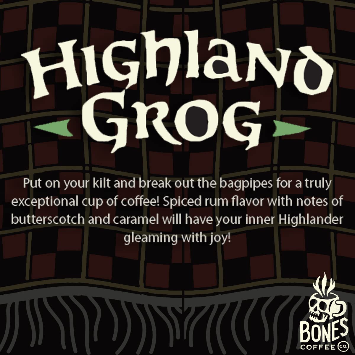 Bones Coffee Company Highland Grog Whole Coffee Beans Butterscotch Caramel Flavor, Low Acid Flavored Coffee Made with Arabica Co