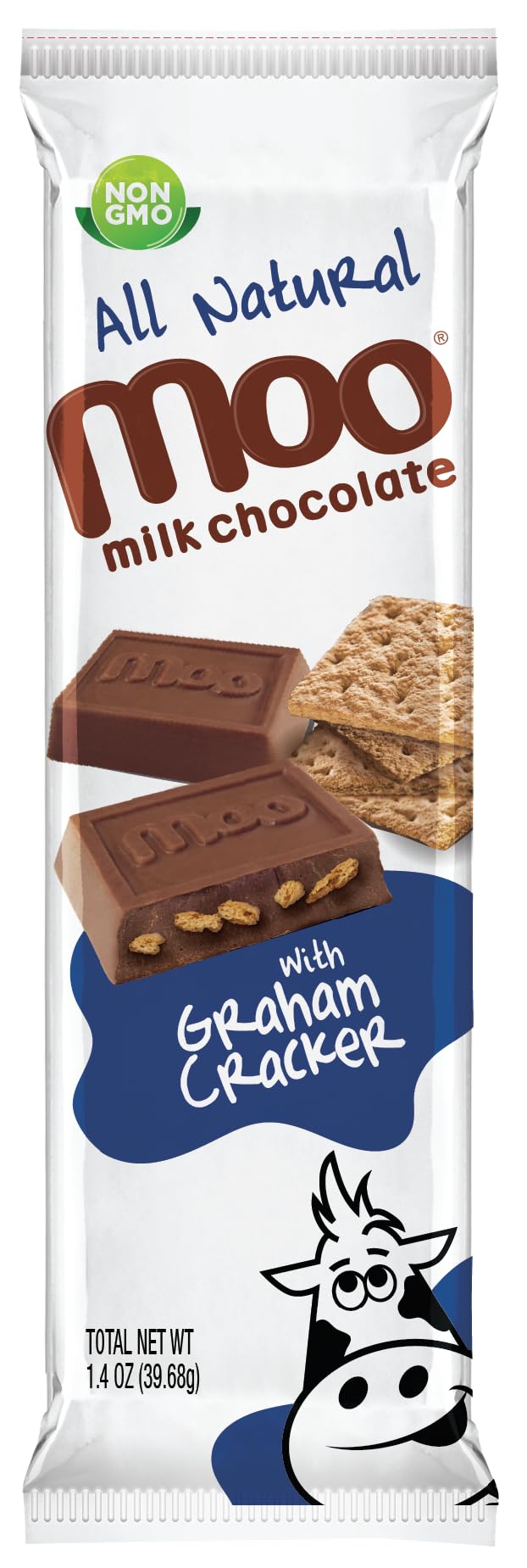 Moo Chocolates All Natural Milk Chocolate Large Bars With Graham Cracker 1.4 Oz, 14 Ct (Pack Of 1) | 100 Calorie Snacks For On-T
