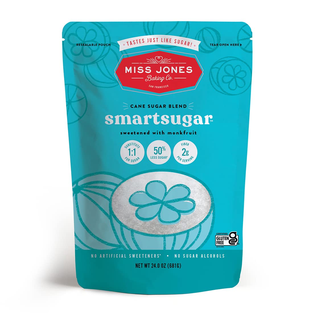 Miss Jones Baking Smartsugar - Cane Sugar Blend Sweetened With Monkfruit - 1:1 Sugar Substitute 50% Less Sugar (Pack Of 1)