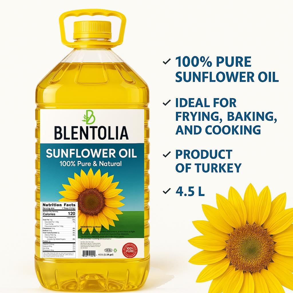BLENTOLIA 100% Pure Sunflower Oil - Non-GMO, Light Taste, 4.5L, Ideal for Frying, Cooking & Baking