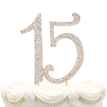 Hatcher Lee Bling Crystal Quinceañera Happy 15 Birthday Cake Topper - Best Keepsake | 15Th Party Decorations Gold