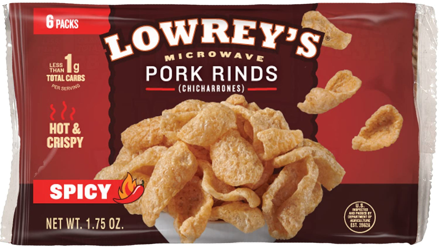 Lowreys Bacon Curls Microwave Pork Rinds (Chicharrones) Hot And Spicy 1.75 Ounce (Pack Of 6)