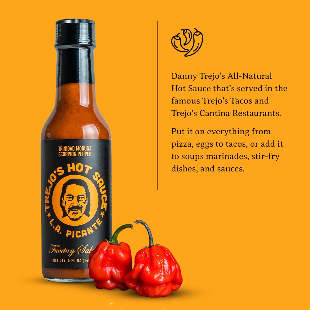 Trejos Tacos Hot Sauce - Trinidad Moruga Scorpion Pepper - All-Natural, Gluten-Free, 5 oz, Dark Brown