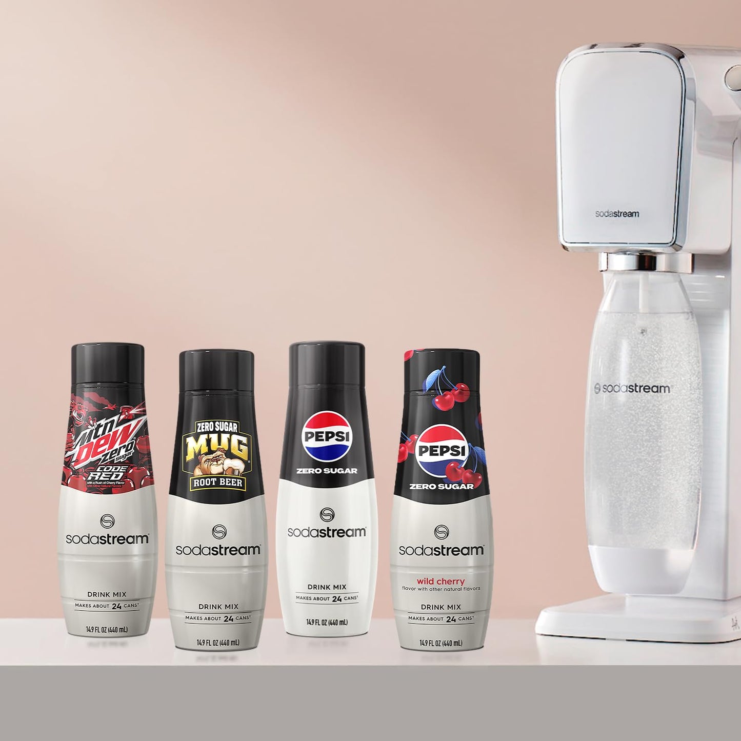 SodaStream Pepsi Wild Cherry  MTN Dew Code Red  Pepsi & Mug Root Variety Pack  Zero Sugar  440ml Pack of 4
