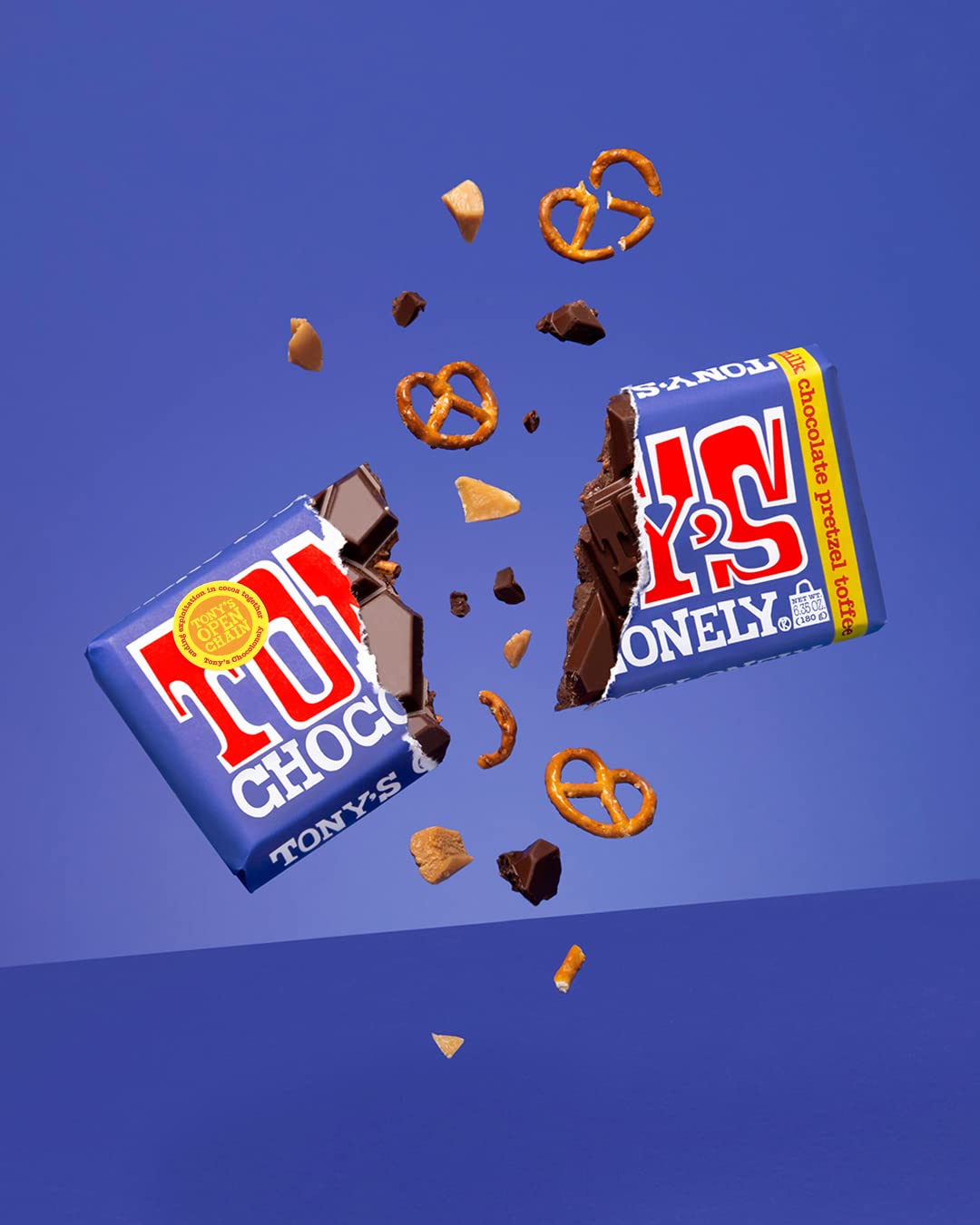 Tonys Chocolonely 42% Dark Milk Chocolate Bar with Pretzel and Toffee Belgium Chocolate, No Artificial Flavoring, Fairtrade & B