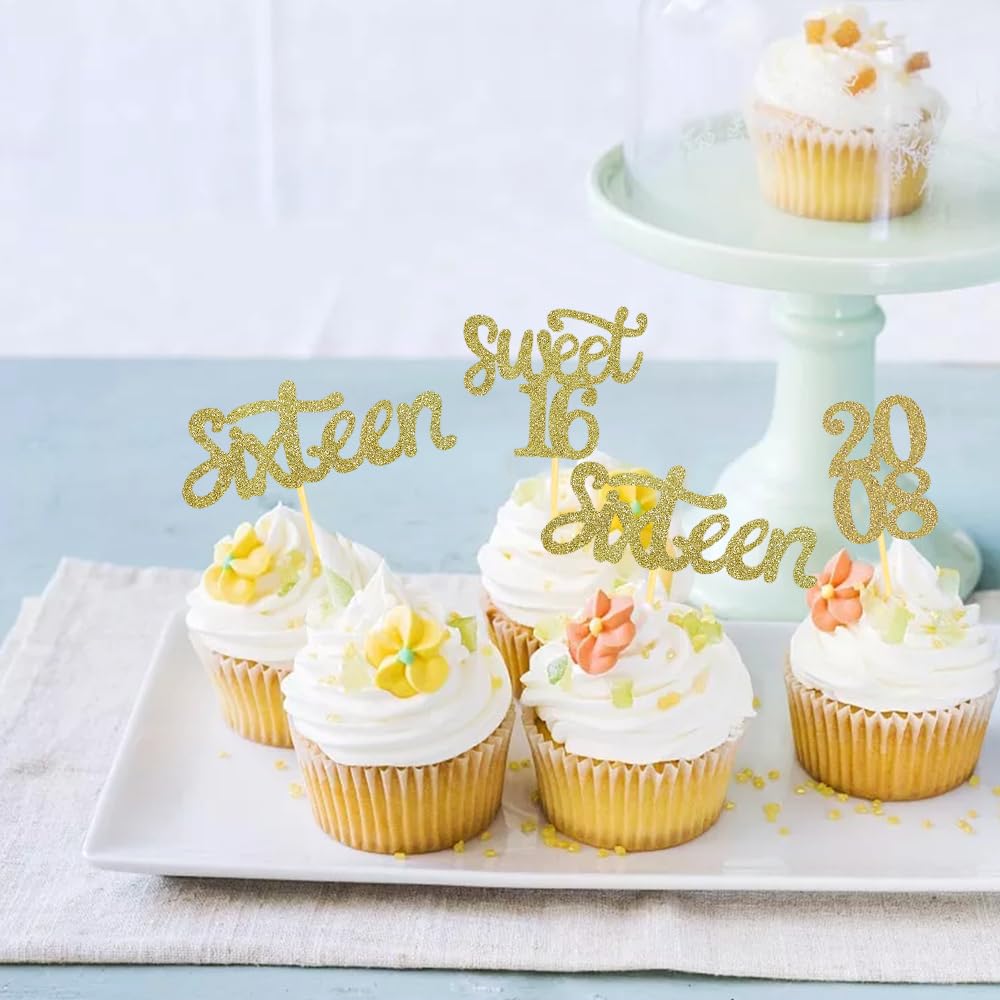 24 Pcs Sweet 16 Gold Glitter Birthday Cupcake Toppers For 16Th Birthday Celebrating Party Decorations (Gold)