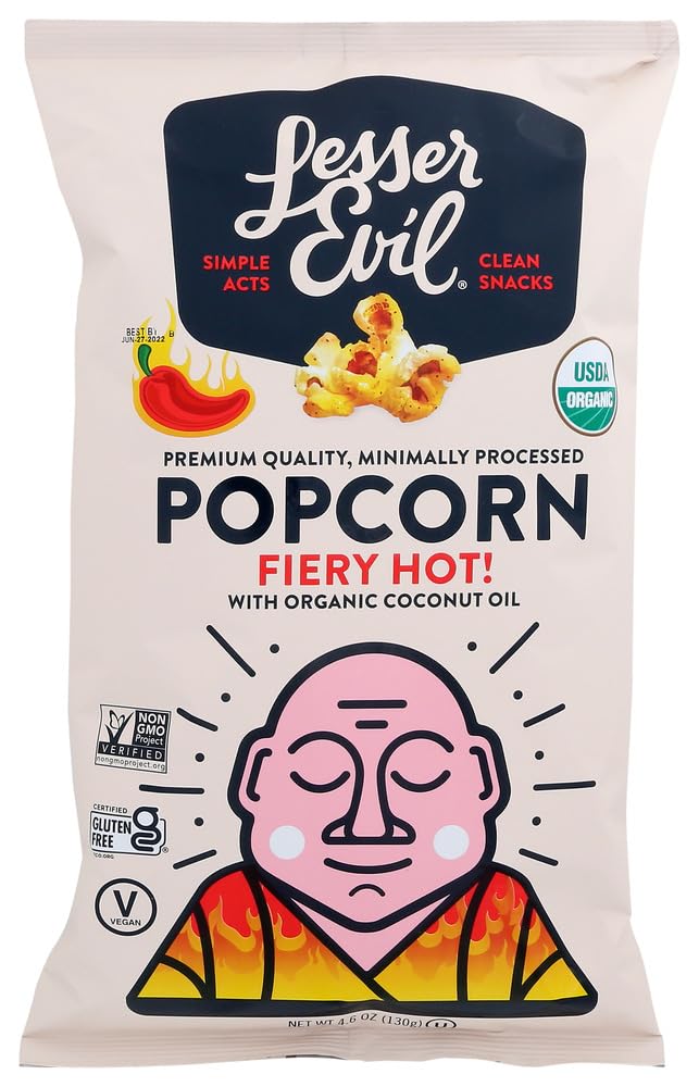 Lesserevil Fiery Hot Organic Popcorn, Enhanced Quality, Minimally Processed, No Vegetable Oil, 4.6 Oz, Pack Of 3