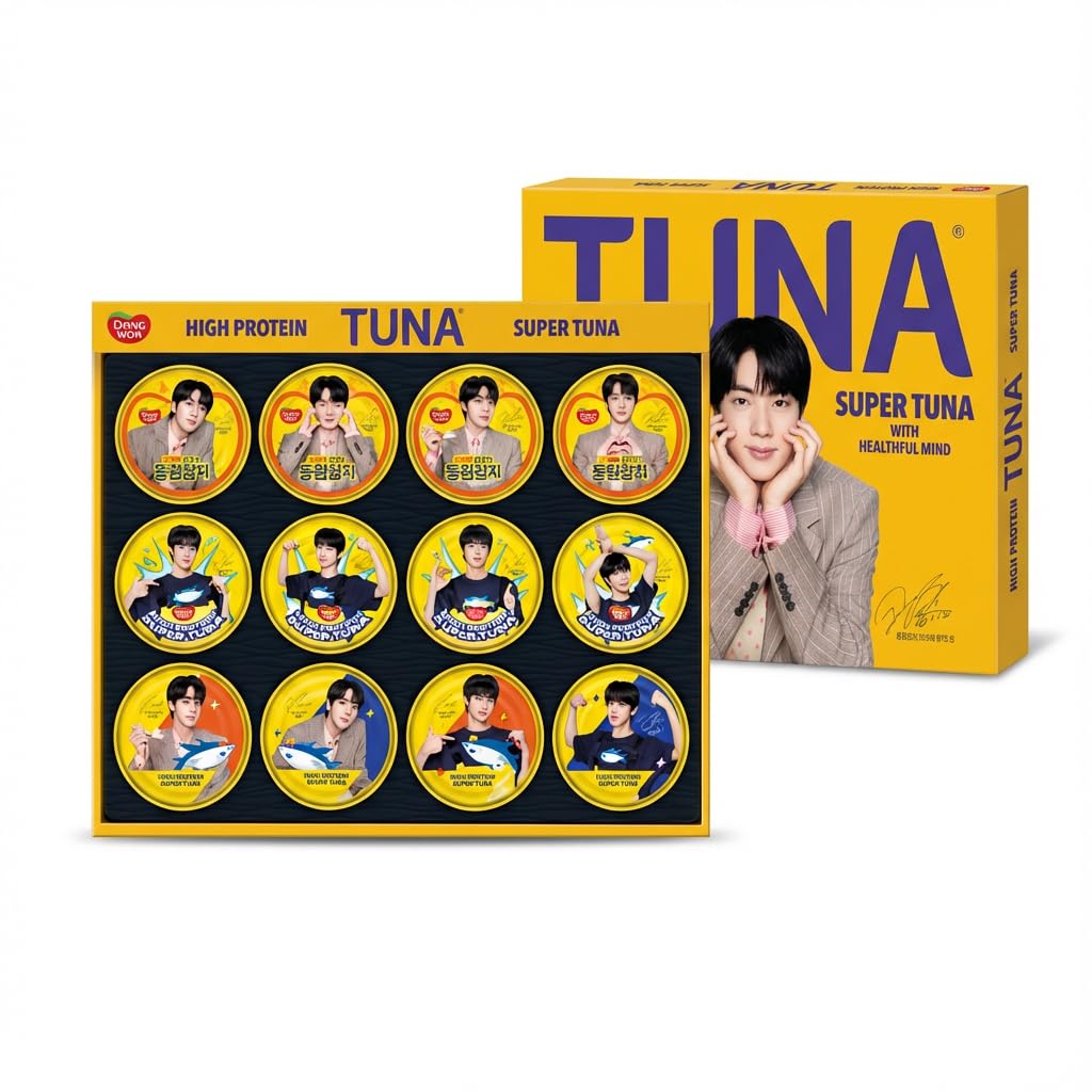 Dongwon Bts Jin Special Edition Tuna 12-Pack Gift Set - Limited Collectible Cans + 2 Stickers  High-Protein Korean Light Standard Tuna  Official K-Pop Merchandise  Top-Grade Gift Box (150G X 12)
