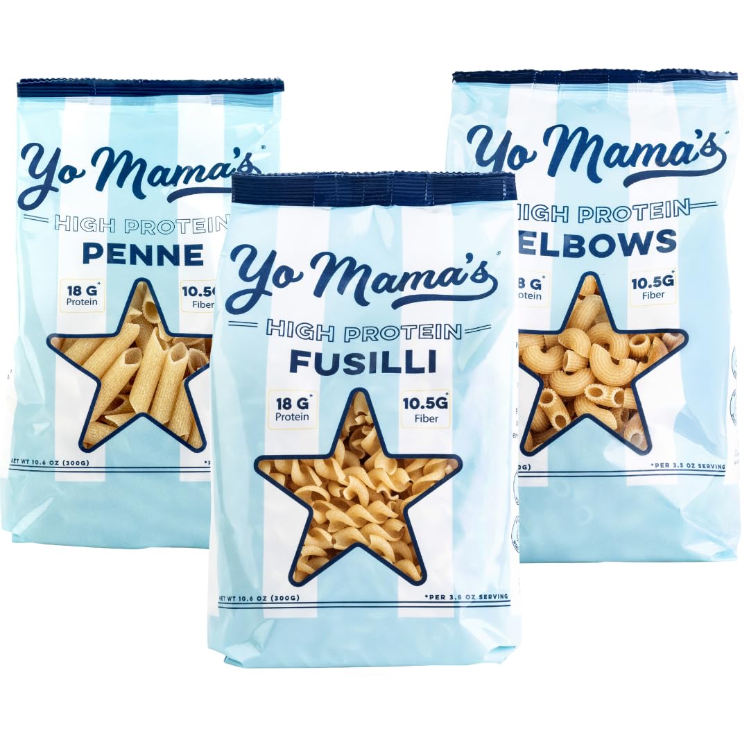 Yo Mamas Foods High Protein High Fiber 3 Variety Pasta (Fusilli, Penne and Elbow) | (3) 10.6 Ounce Bags. | Plant Based, Low Gly