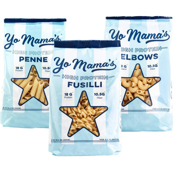 Yo Mamas Foods High Protein High Fiber 3 Variety Pasta (Fusilli, Penne and Elbow) | (3) 10.6 Ounce Bags. | Plant Based, Low Gly
