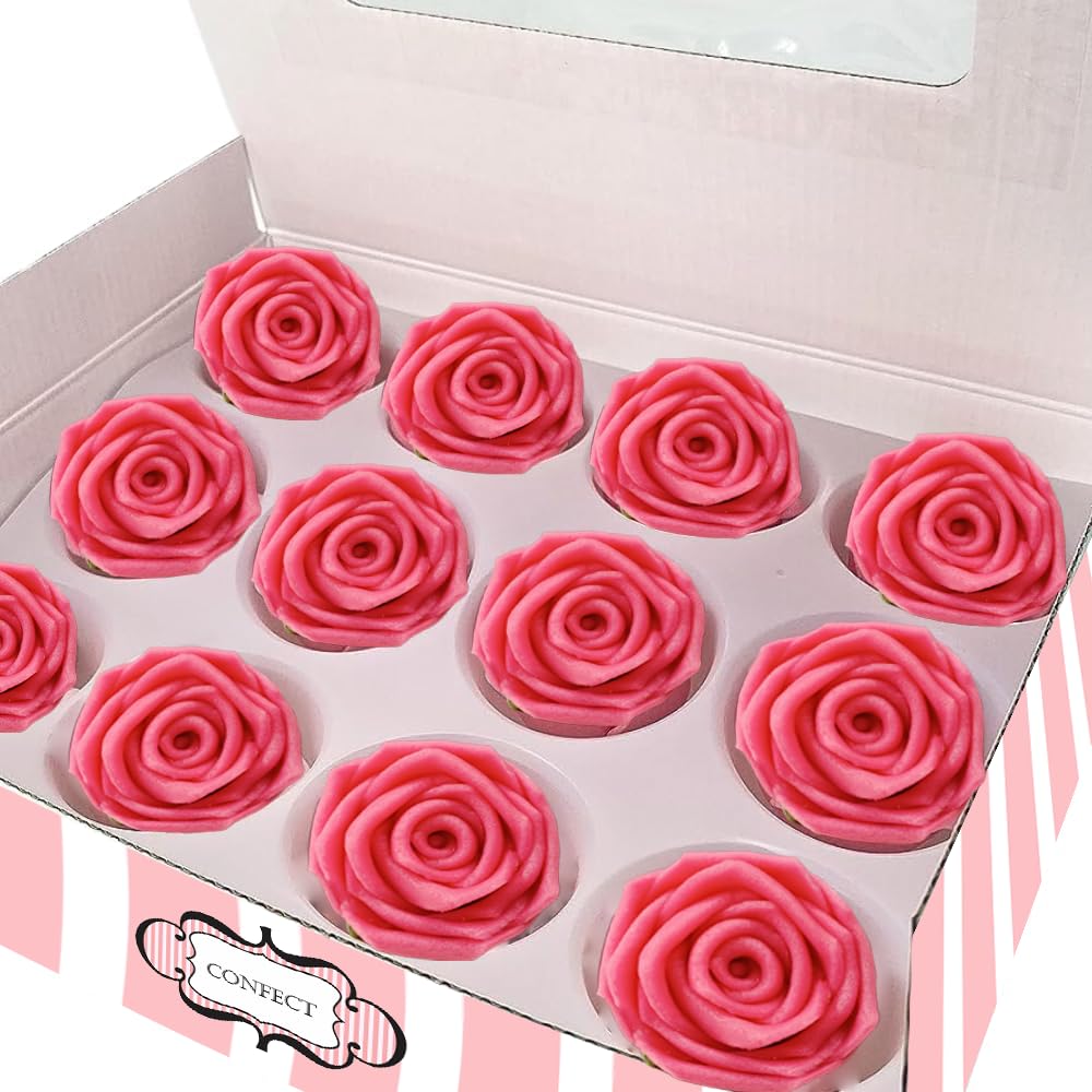 Confect Edible Rose Topper- French Rose Toppers - Pack of 12 Pink French Roses for Cakes, Cupcakes & Donuts - Vegan, Dairy-Free,