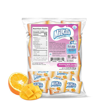 Milkita Creamy Shake Candy Bag, Gluten Free Chewy Candies With Calcium & Real Milk, Zero Trans Fat, Low-Sugar, Juicy Flavors (Mango And Orange)