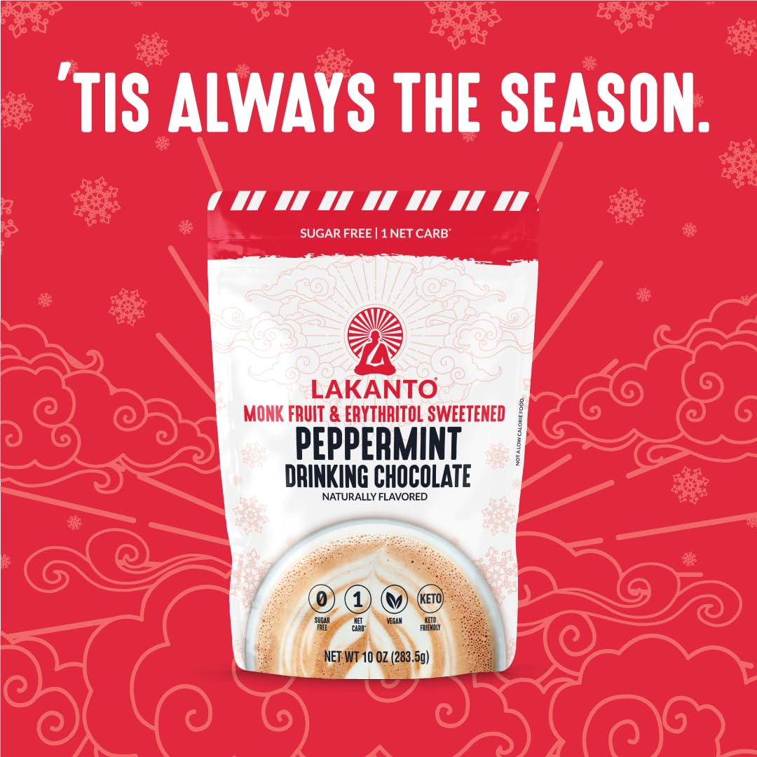 Lakanto Sugar Free Peppermint Drinking Chocolate - Cold Or Hot Cocoa Powder Mix, Shelf Stable Probiotics, Monk Fruit Sweetener,