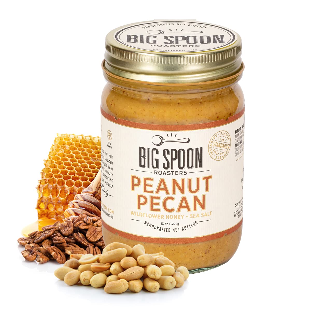 Big Spoon Roasters Peanut Pecan Butter with Honey & Sea Salt - 13 Ounces - Raw, Low Sugar, Keto-Friendly, Creamy