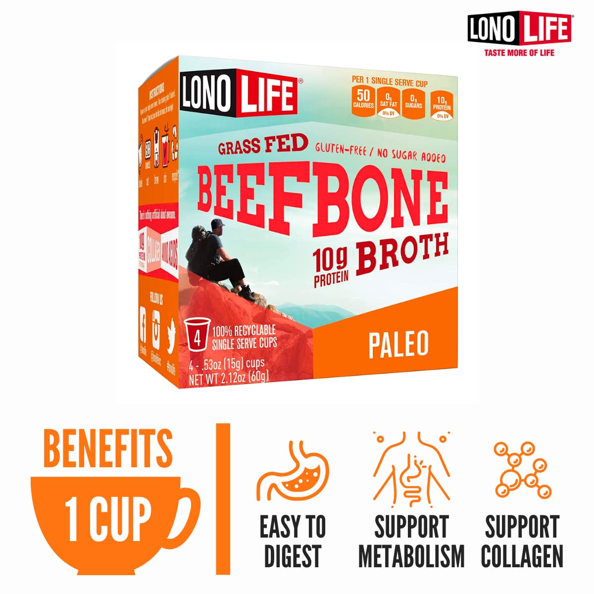 Lonolife - Beef Bone Broth Single Serve Cups - 10G Collagen Protein - Grass-Fed, Gluten-Free - Keto  Paleo Friendly - 10 Count