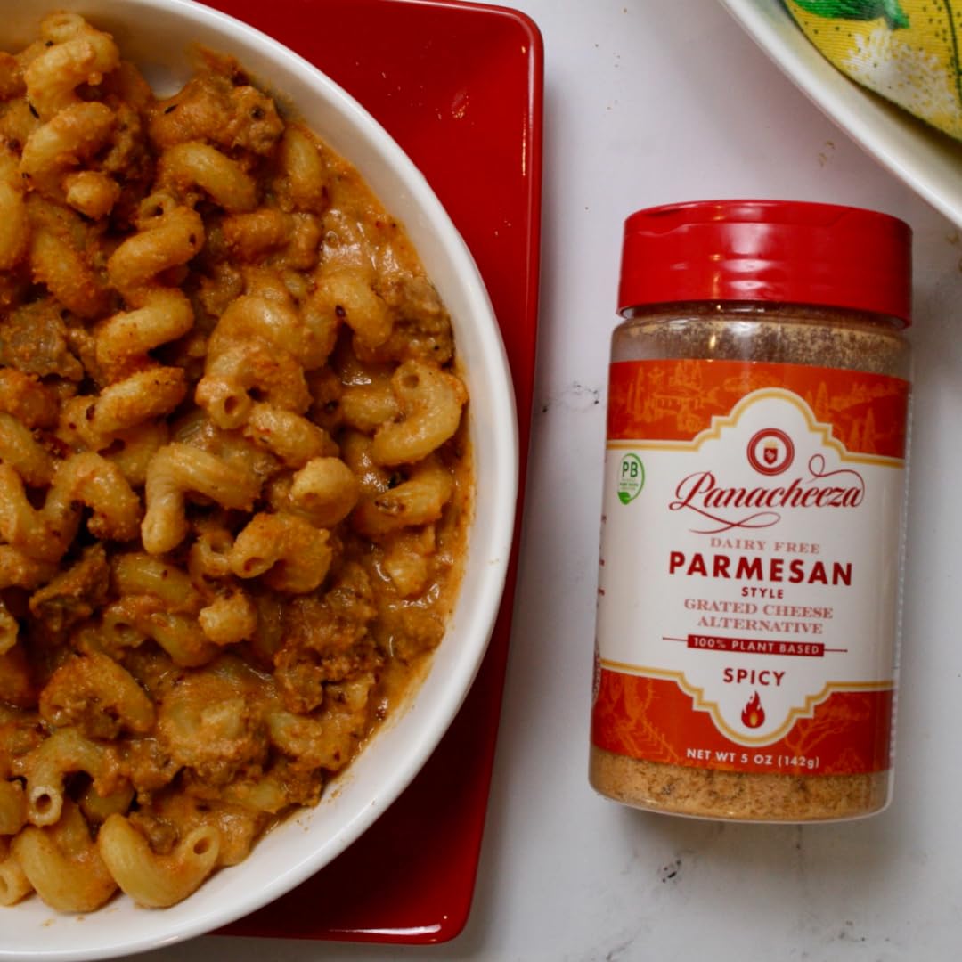 Panacheeza Hot & Spicy Vegan Grated Parmesan Style, 8oz, Bold Flavor for Pastas, Pizzas, and Salads