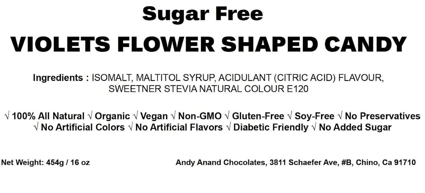 Andy Anand Sugar Free Candy Violets 50Pc - Typical Old Fashioned Hard Candy Dragee - Flower Shaped Five Petals Stevia Candy - Ze