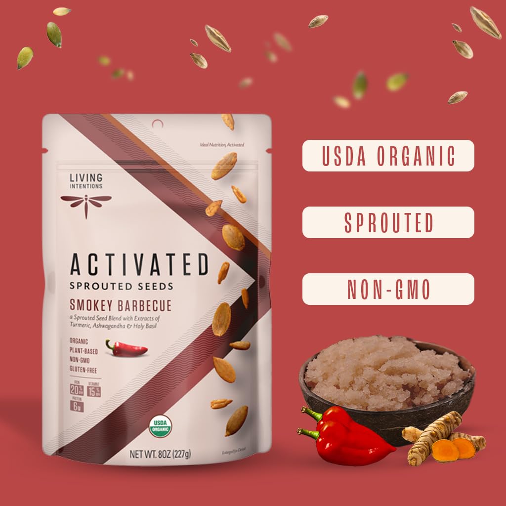 Living Intentions Organic Sprouted Sunflower Seeds: Smokey Barbeque - NonGMO - Gluten Free - Vegan - Paleo - Kosher - 8 Ounce Un