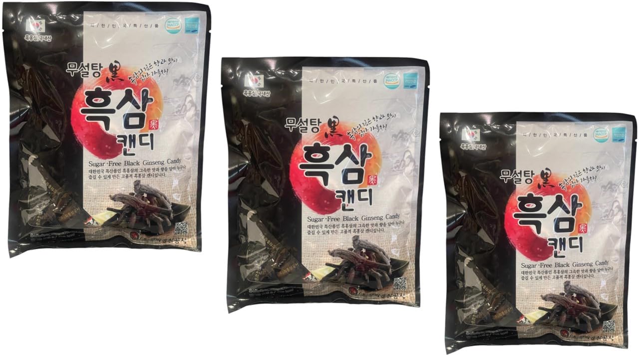 Korean Ginseng Candy, Sugar Free (3 PACKS, SUGAR FREE BLACK GINSENG)