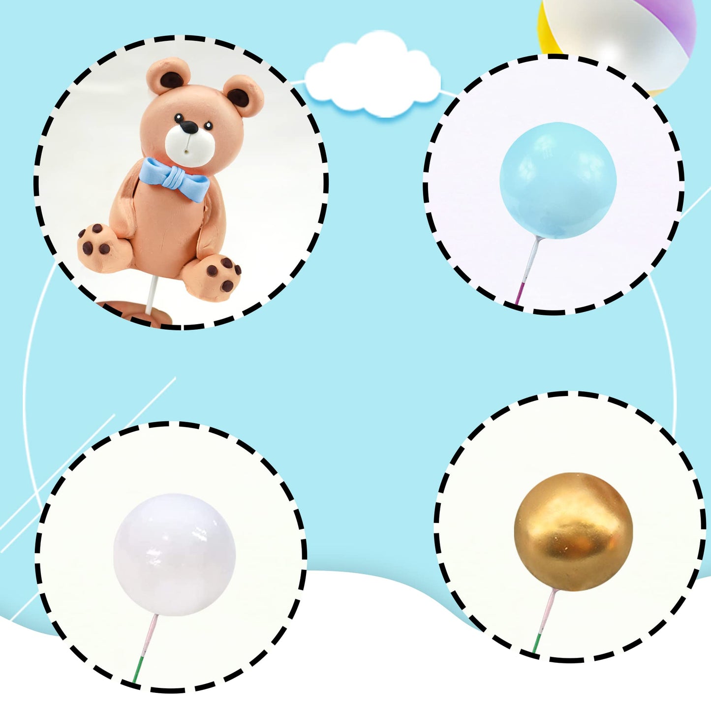Bear Cake Toppers Mini Bear Figurine Cake Decorations With Gold Blue White Pearl Ball For Baby Shower Birthday Party Teddy Bear