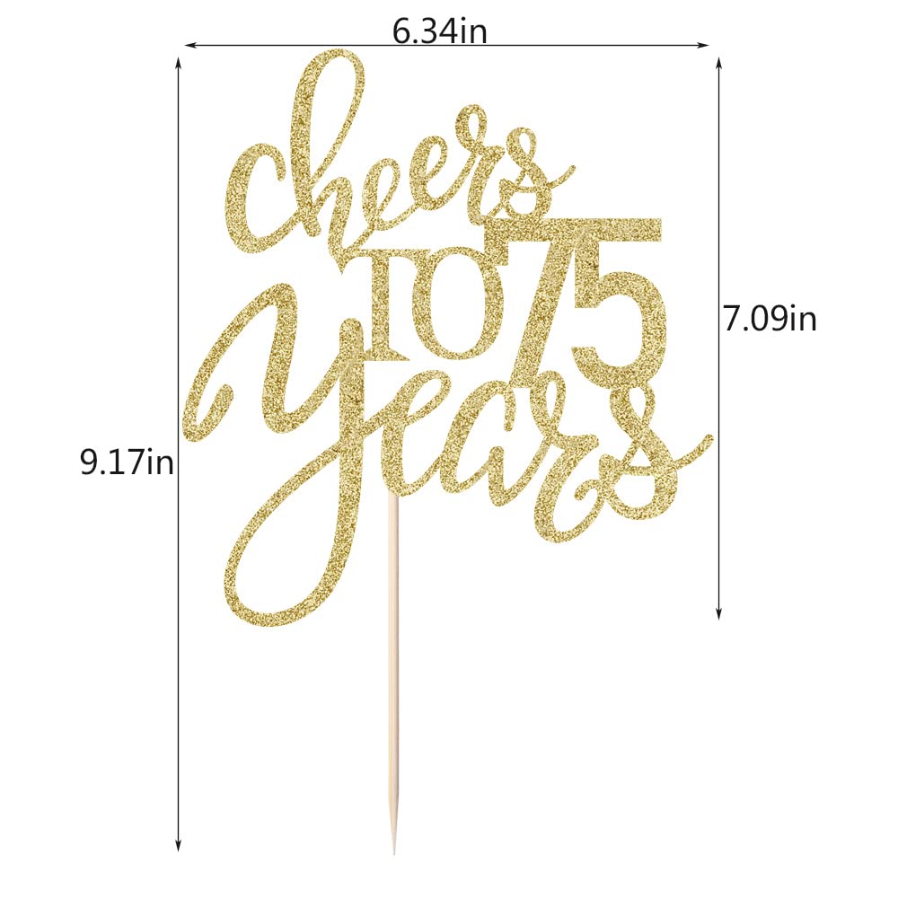 Qertesl Gold Glitter Cake Topper, Cheers to 75 Years, Cardboard, Perfect for 75th Birthday and Anniversary Celebrations