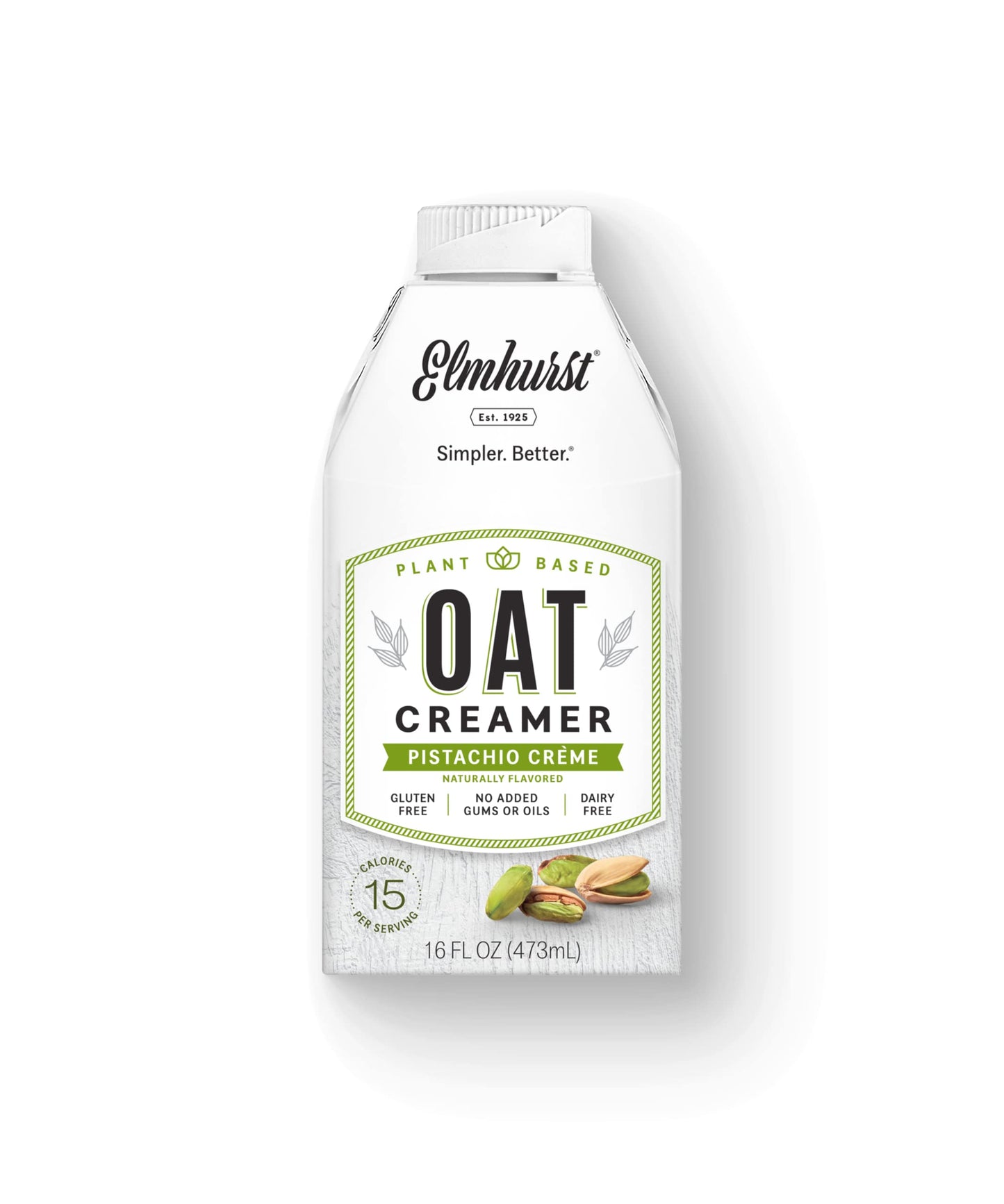 Elmhurst 1925 Pistachio Crme Oat Creamer - 16 Ounce (Pack of 6) Dairy-Free, Vegan, Kosher, Low Sugar, Shelf Stable Creamer Made