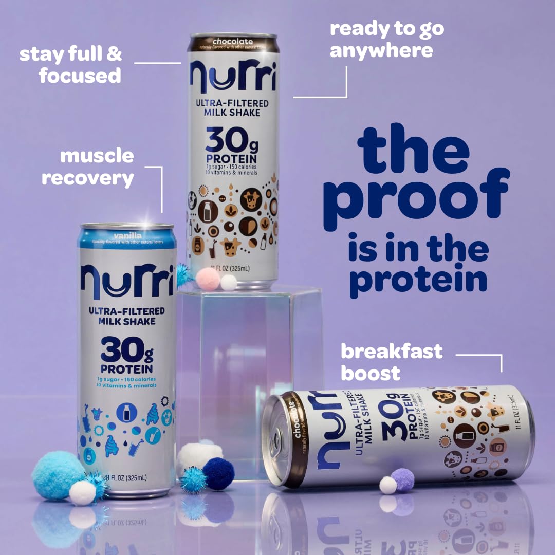 Nurri Protein Milk Shake - Vanilla, Lactose-Free, Low Sugar, 30g Protein, 11 fl oz (Pack of 12), 150 Calories, 10 Vitamins & Minerals