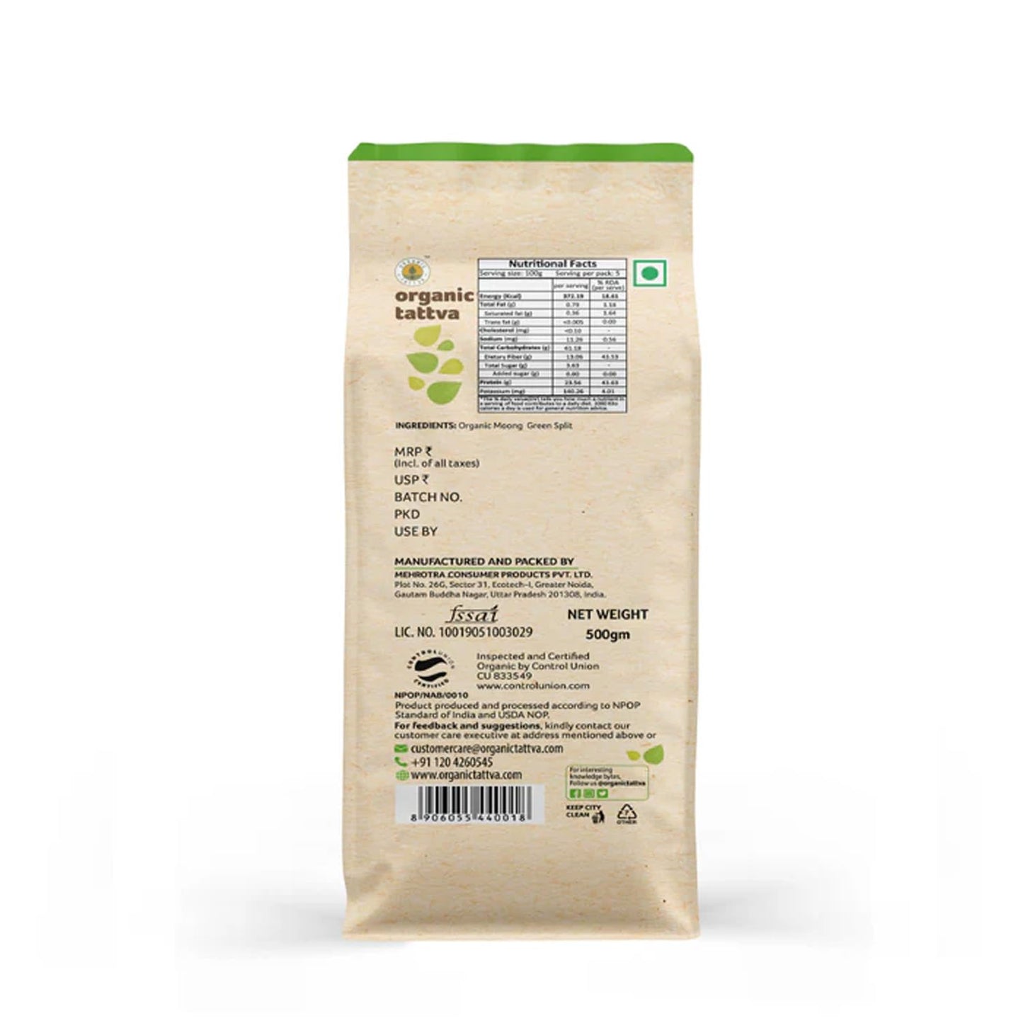 Organic Tattva, Organic Green Moong Dal Split - 500 Gram | 100% Vegan, Gluten Free And No Preservatives
