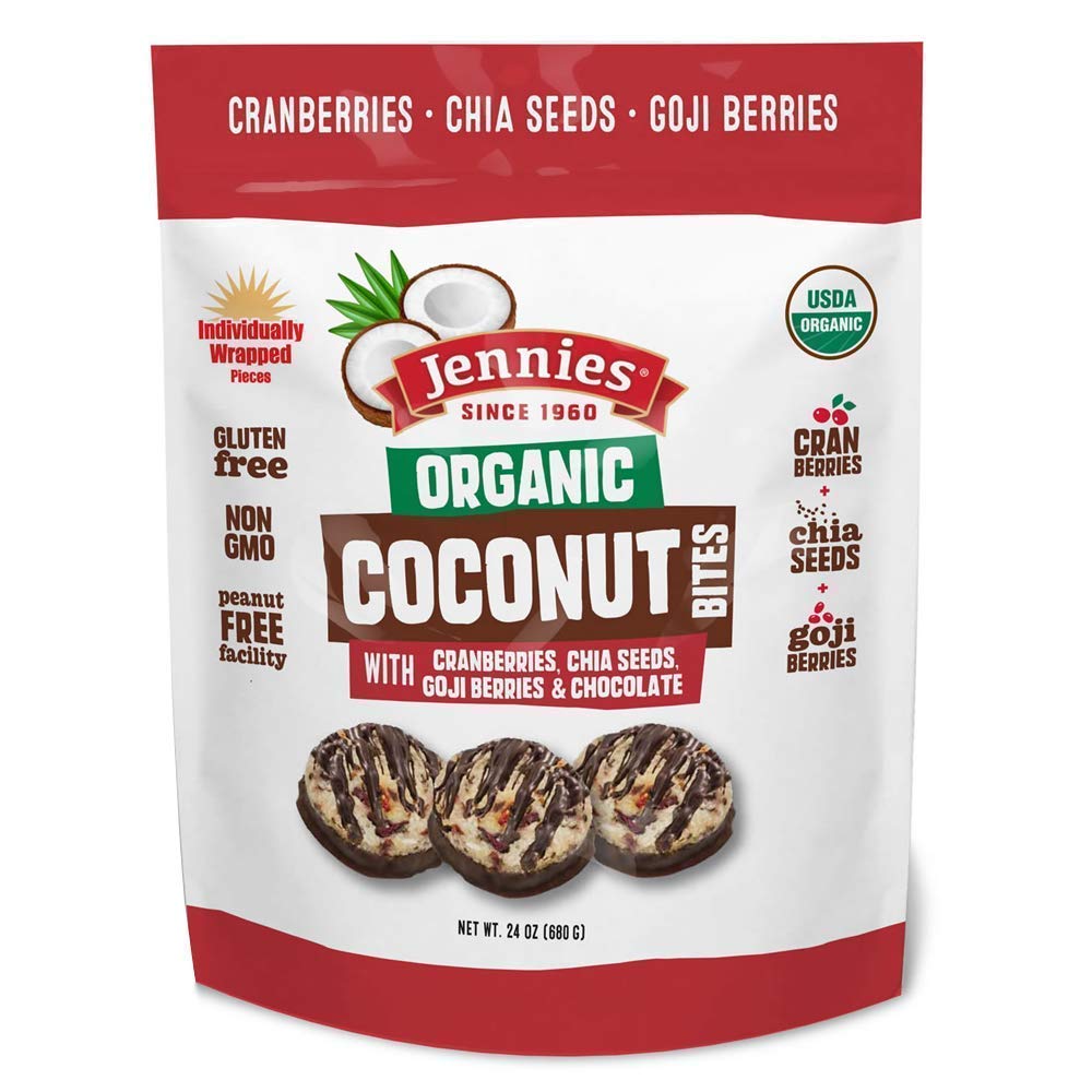 Jennies Organic Coconut Bites With Cranberries, Goji, Chia Seeds, & Chocolate 24Oz | Gluten Free | Peanut Free | Dairy Free | In