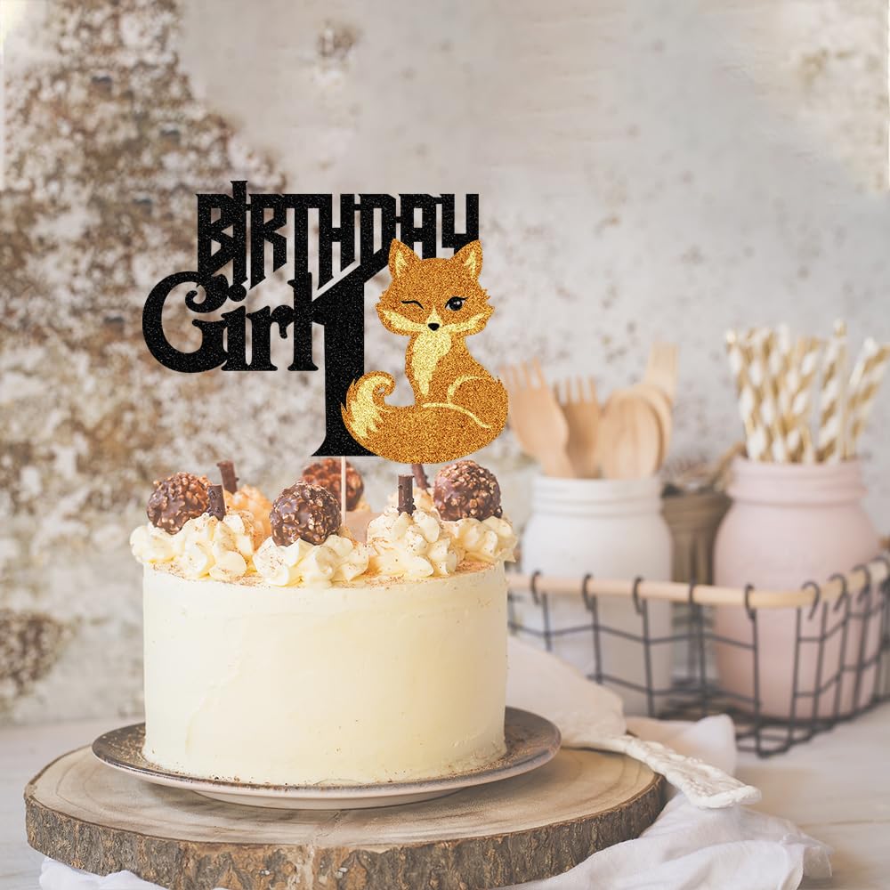 Black Glitter Birthday Girl 1 Cake Topper Animal Fox Theme Decoration,1St Birthday Girl Fall Woodland Forest Animals Cake Decor,